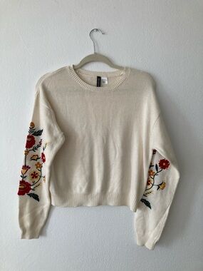 Divided Cream Crewneck Sweater with Red & Yellow Floral Sleeves